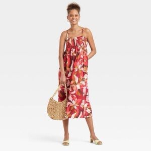 A New Day Dress Women’s XS Midi Length Red Floral Sleeveless Pockets Extra Small